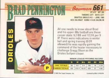 1993 Bowman #661 Brad Pennington Back