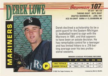 1993 Bowman #107 Derek Lowe Back
