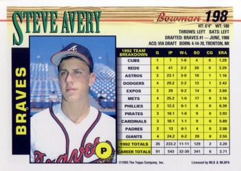 1993 Bowman #198 Steve Avery Back