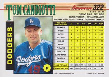 1993 Bowman #322 Tom Candiotti Back