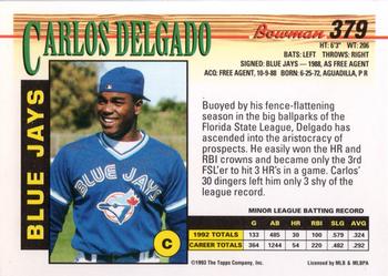 1993 Bowman #379 Carlos Delgado Back