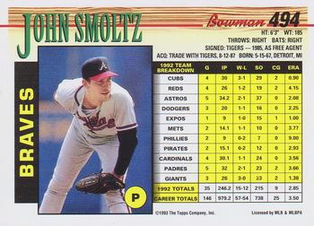 1993 Bowman #494 John Smoltz Back