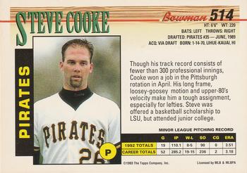 1993 Bowman #514 Steve Cooke Back