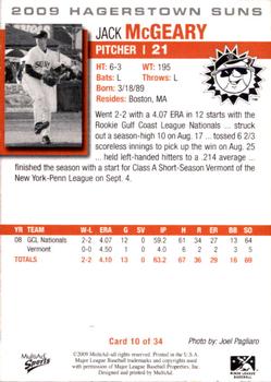 2009 MultiAd Hagerstown Suns #10 Jack McGeary Back