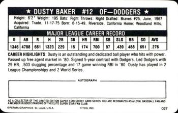 1981 Perma-Graphics Superstar Credit Cards #027 Dusty Baker Back