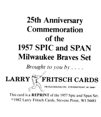 1982 Fritsch 1957 Spic and Span Reprints #NNO Henry Aaron Back