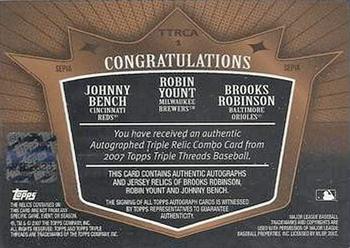 2007 Topps Triple Threads - Relics Combos Autographs Sepia #TTRCA1 Brooks Robinson / Robin Yount / Johnny Bench Back