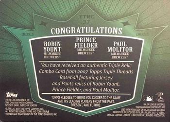 2007 Topps Triple Threads - Relics Combos Emerald #TTRC37 Paul Molitor / Prince Fielder / Robin Yount Back