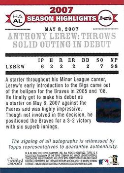 2007 Topps Updates & Highlights - 2007 Highlights Autographs #HAAL Anthony Lerew Back