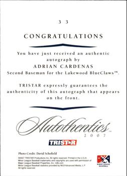 2007 TriStar Autothentics - Autographs #33 Adrian Cardenas Back