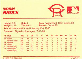 1989 Star Cedar Rapids Reds - Platinum #2 Norm Brock Back