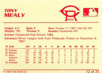 1989 Star Cedar Rapids Reds - Platinum #12 Tony Mealy Back