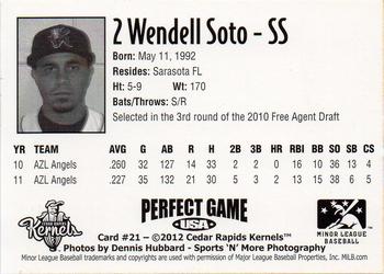 2012 Perfect Game Cedar Rapids Kernels #21 Wendell Soto Back