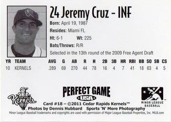 2011 Perfect Game Cedar Rapids Kernels #18 Jeremy Cruz Back
