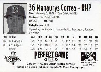 2009 Perfect Game Cedar Rapids Kernels #4 Manaurys Correa Back
