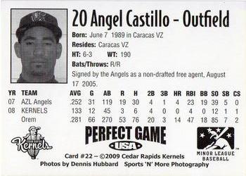 2009 Perfect Game Cedar Rapids Kernels #22 Angel Castillo Back