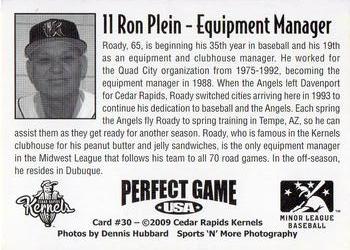 2009 Perfect Game Cedar Rapids Kernels #30 Ron Plein Back