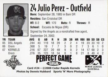2008 Perfect Game Cedar Rapids Kernels #24 Julio Perez Back