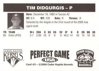 2006 Perfect Game Cedar Rapids Kernels #5 Tim Didjurgis Back
