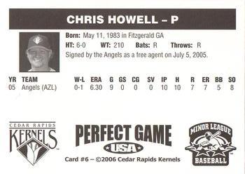 2006 Perfect Game Cedar Rapids Kernels #6 Chris Howell Back