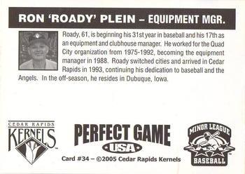 2005 Perfect Game Cedar Rapids Kernels #34 Ron Plein Back