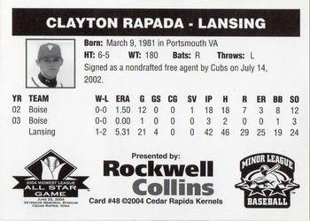 2004 Rockwell Collins Midwest League All-Stars #48 Clayton Rapada Back