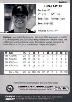 2009 Choice Worcester Tornadoes #1 Lucas Taylor Back