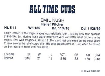 1980 TCMA All Time Chicago Cubs - Black Ink Backs #6 Emil Kush Back