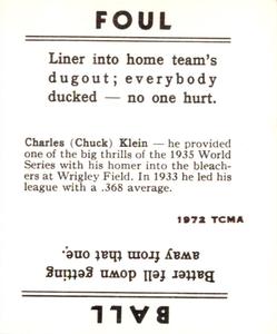 1972 TCMA 1936 Goudey R322 Reprints #NNO Chuck Klein Back
