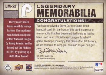 2008 SP Legendary Cuts - Legendary Memorabilia Green #LM-ST Steve Carlton Back