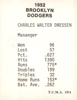 1974 TCMA 1952 Brooklyn Dodgers Matte Finish #NNO Chuck Dressen Back