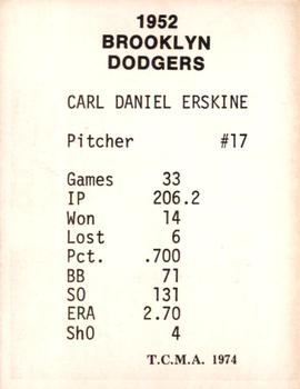 1974 TCMA 1952 Brooklyn Dodgers Matte Finish #NNO Carl Erskine Back