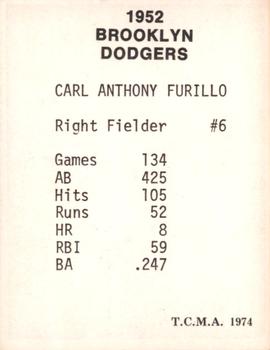 1974 TCMA 1952 Brooklyn Dodgers Matte Finish #NNO Carl Furillo Back