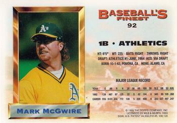 1993 Finest #92 Mark McGwire Back