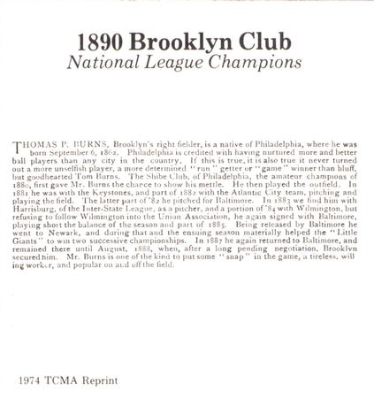 1974 TCMA 1890 Brooklyn Club Reprints #NNO Thomas P. Burns Back