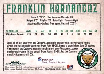 2010 Grandstand Kane County Cougars SGA #NNO Franklin Hernandez Back