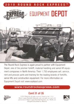 2010 MultiAd Round Rock Express #31 Equipment Depot Back