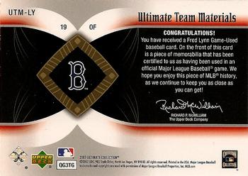 2007 Upper Deck Ultimate Collection - Ultimate Team Materials Patch #UTM-LY Fred Lynn Back
