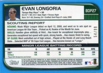 2008 Bowman Draft Picks & Prospects - Chrome Blue Refractors #BDP27 Evan Longoria Back