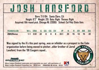 2010 Grandstand Kane County Cougars #NNO Josh Lansford Back