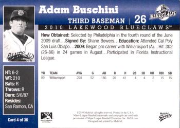 2010 MultiAd Lakewood BlueClaws #4 Adam Buschini Back