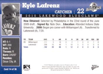 2010 MultiAd Lakewood BlueClaws #14 Kyle Lafrenz Back