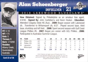 2010 MultiAd Lakewood BlueClaws #23 Alan Schoenberger Back
