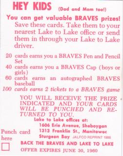 1988 JALFCO 1960 Lake to Lake Dairy Milwaukee Braves Reprints #NNO Red Schoendienst Back