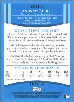 2008 Bowman Draft Picks & Prospects - Prospects Blue #BDPP40 Andrew Liebel Back
