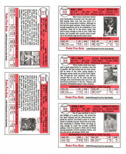 1990 SCD Baseball Card Price Guide Monthly - Panels #31-35 Jose Canseco / Fred McGriff / Mark Grace / Ricky Jordan / George Brett Back