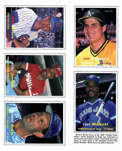 1990 SCD Baseball Card Price Guide Monthly - Panels #31-35 Jose Canseco / Fred McGriff / Mark Grace / Ricky Jordan / George Brett Front