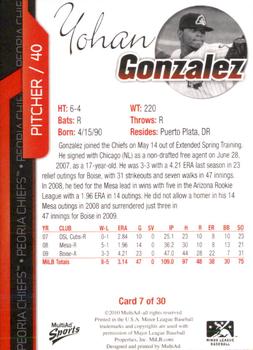 2010 MultiAd Peoria Chiefs #7 Yohan Gonzalez Back