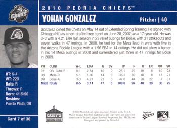 2010 MultiAd Peoria Chiefs SGA #7 Yohan Gonzalez Back