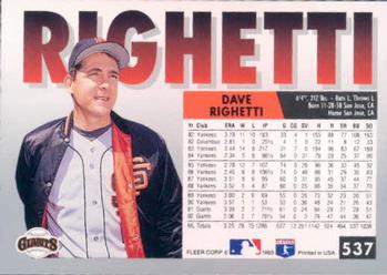 1993 Fleer #537 Dave Righetti Back